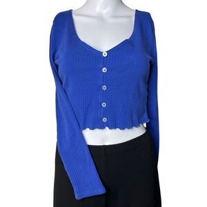 PacSun Lattice Trim Button Down Long Sleeve Top Blue Size Medium